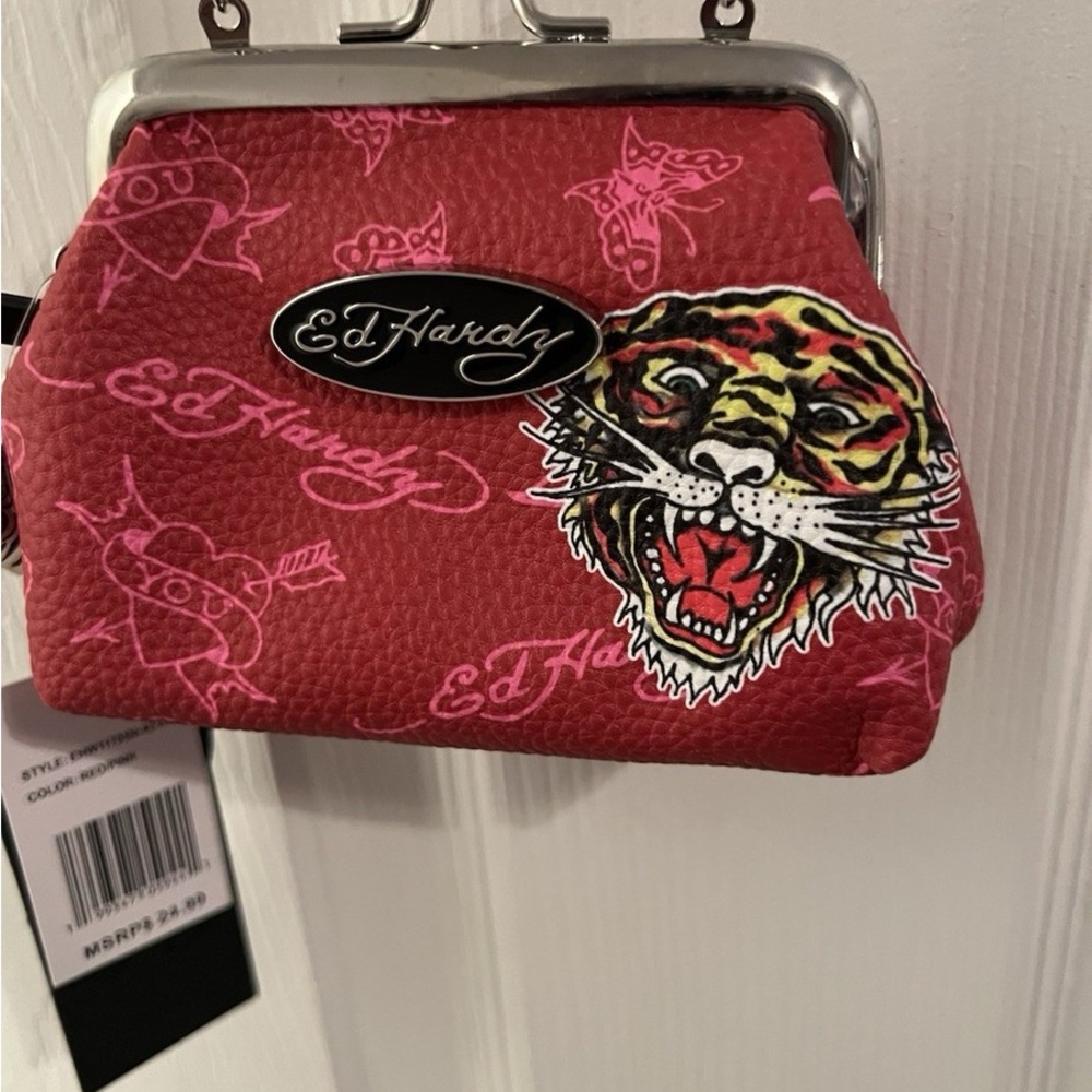 Ed Hardy Pinkish Red Faux Leather Tiger Print Clutch Coin Purse